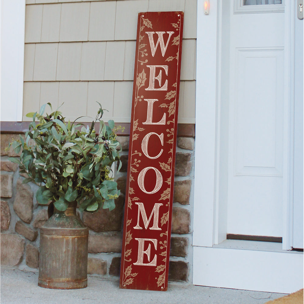 Welcome Red W/ Holly Berries Porch Board 8" Wide x 46.5" tall / Made in the USA! / 100% Weatherproof Material
