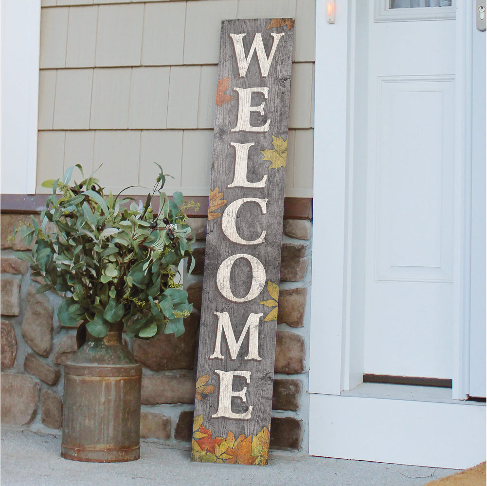 Welcome Grey With Fall Leaves Porch Board 8" Wide x 46.5" tall / Made in the USA! / 100% Weatherproof Material