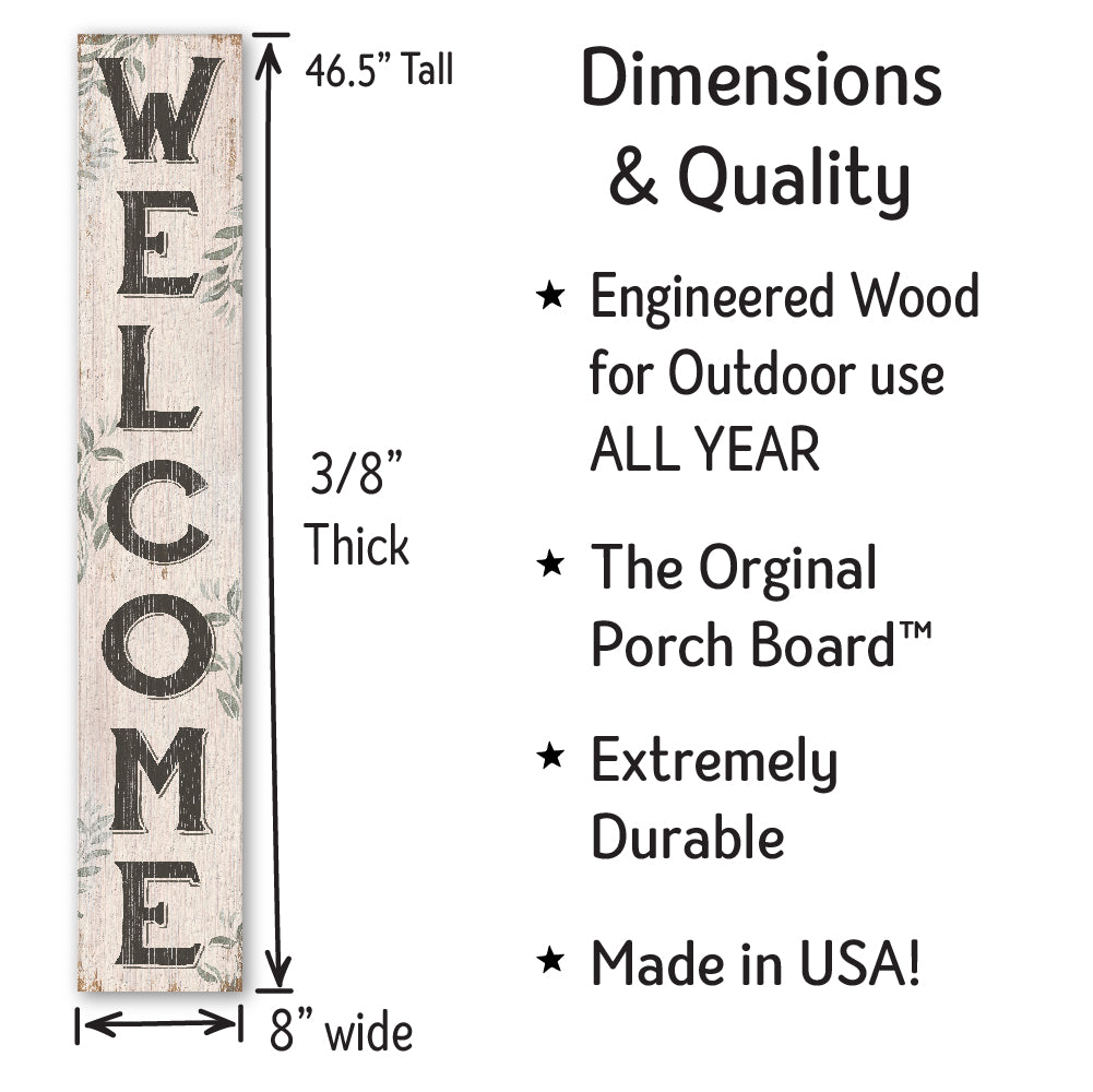 Welcome Cream With Leaves Porch Board 8" Wide x 46.5" tall / Made in the USA! / 100% Weatherproof Material