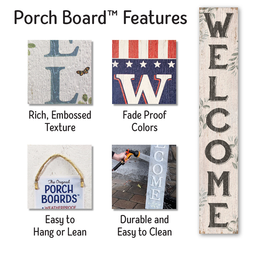 Welcome Cream With Leaves Porch Board 8" Wide x 46.5" tall / Made in the USA! / 100% Weatherproof Material