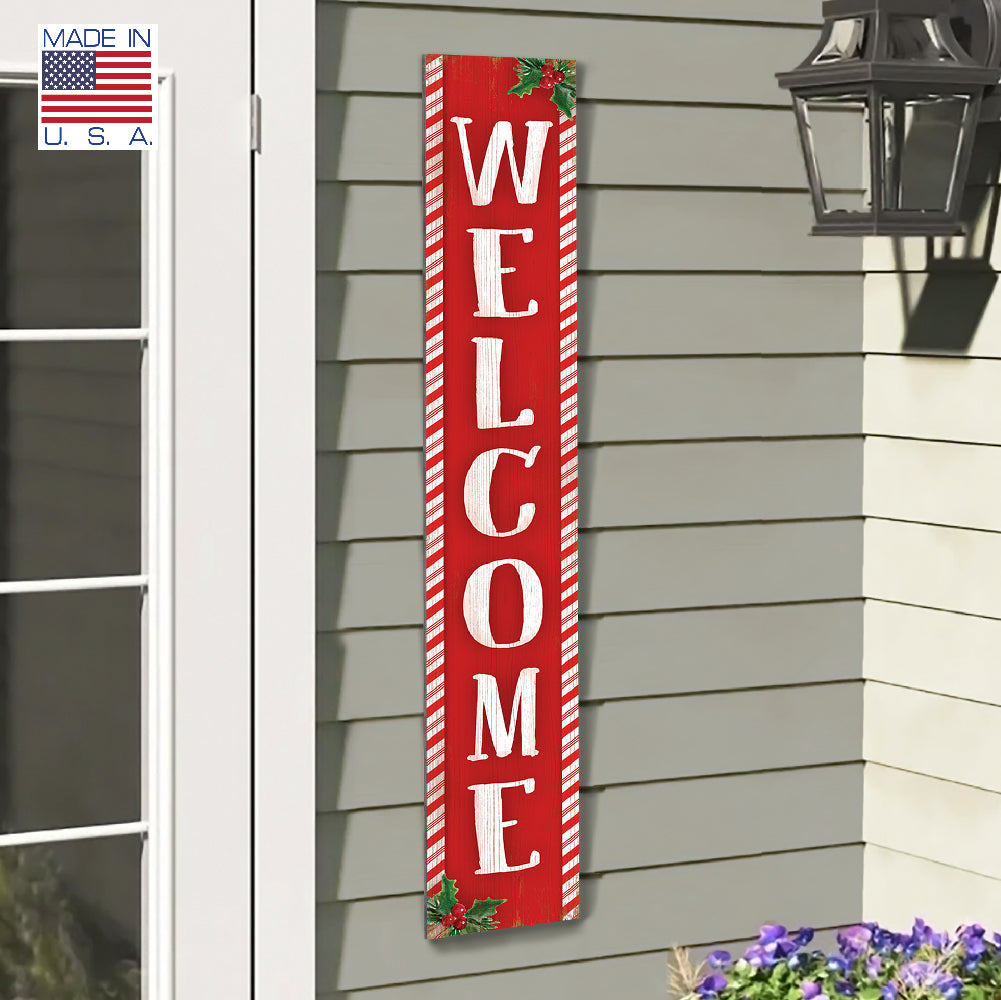 Welcome Red Candy Cane Pattern Porch Board 8" Wide x 46.5" tall / Made in the USA! / 100% Weatherproof Material