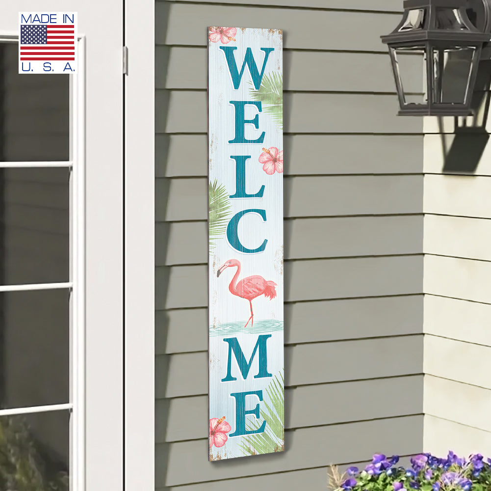 Welcome Flamingo Porch Board 8" Wide x 46.5" tall / Made in the USA! / 100% Weatherproof Material