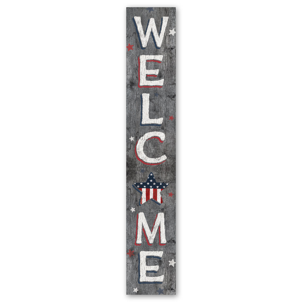 Welcome Gray Patriotic W/ Star Porch Board 8" Wide x 46.5" tall / Made in the USA! / 100% Weatherproof Material