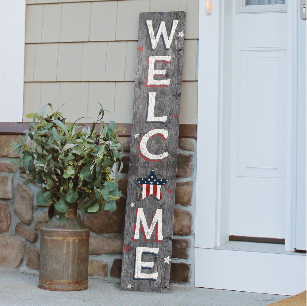 Welcome Gray Patriotic W/ Star Porch Board 8" Wide x 46.5" tall / Made in the USA! / 100% Weatherproof Material