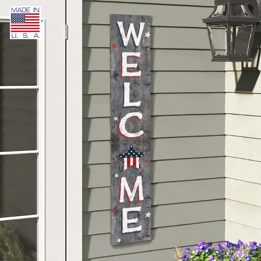 Welcome Gray Patriotic W/ Star Porch Board 8" Wide x 46.5" tall / Made in the USA! / 100% Weatherproof Material