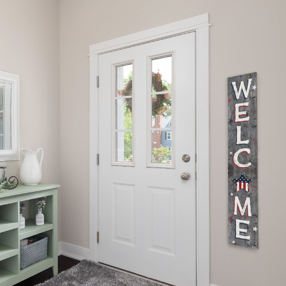 Welcome Gray Patriotic W/ Star Porch Board 8" Wide x 46.5" tall / Made in the USA! / 100% Weatherproof Material