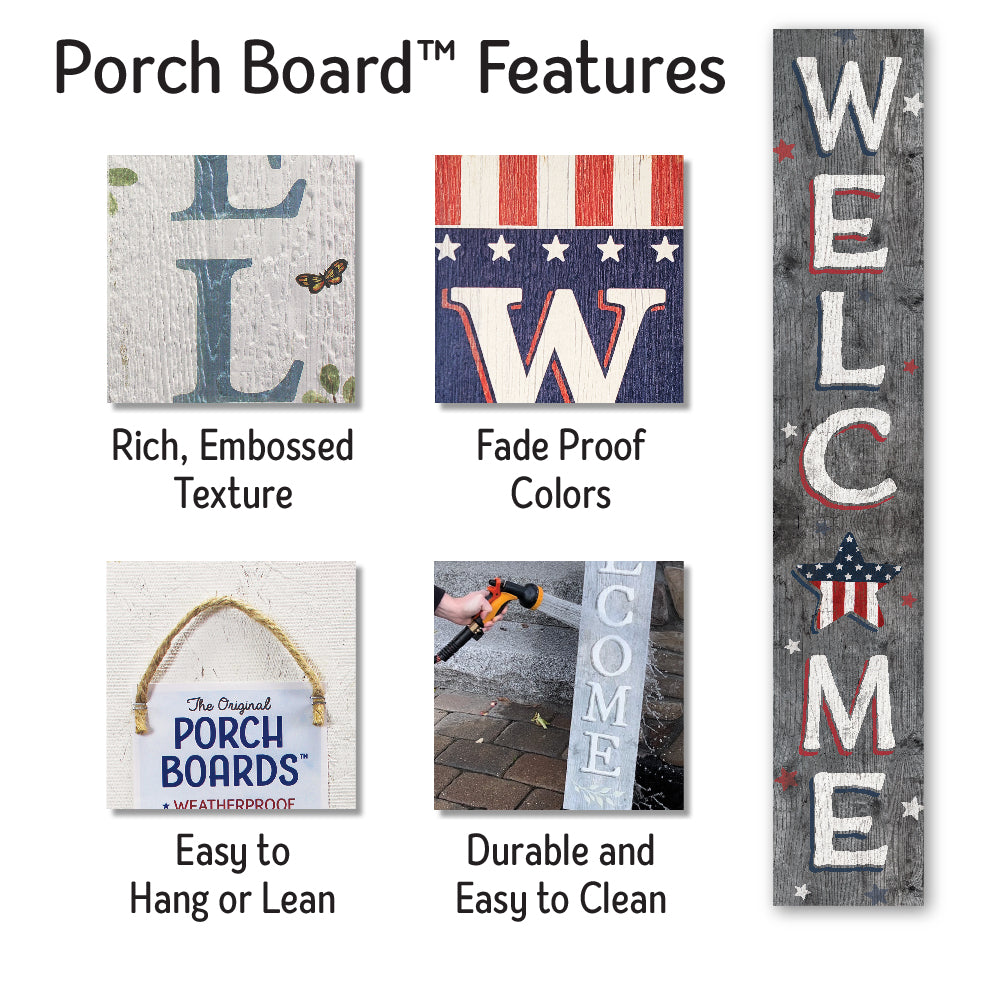 Welcome Gray Patriotic W/ Star Porch Board 8" Wide x 46.5" tall / Made in the USA! / 100% Weatherproof Material