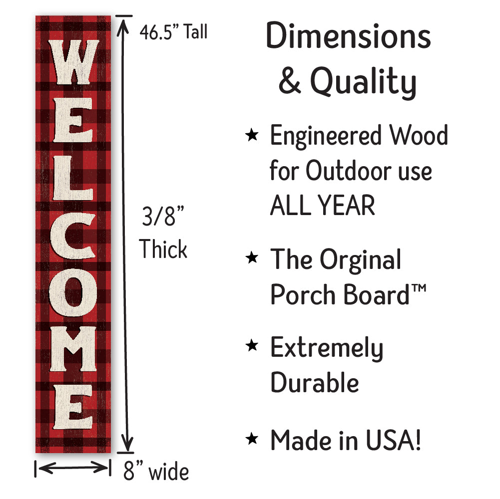 Welcome Buffalo Plaid Porch Board 8" Wide x 46.5" tall / Made in the USA! / 100% Weatherproof Material