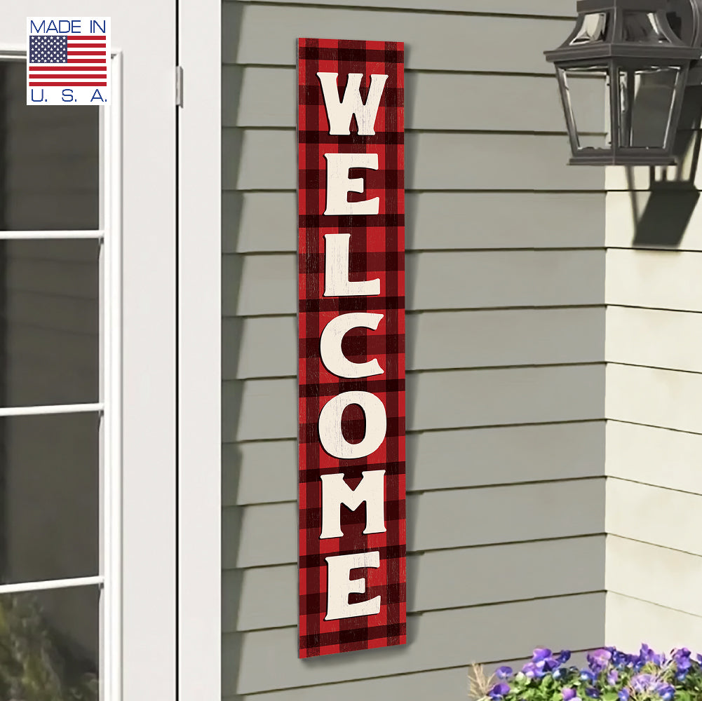 Welcome Buffalo Plaid Porch Board 8" Wide x 46.5" tall / Made in the USA! / 100% Weatherproof Material