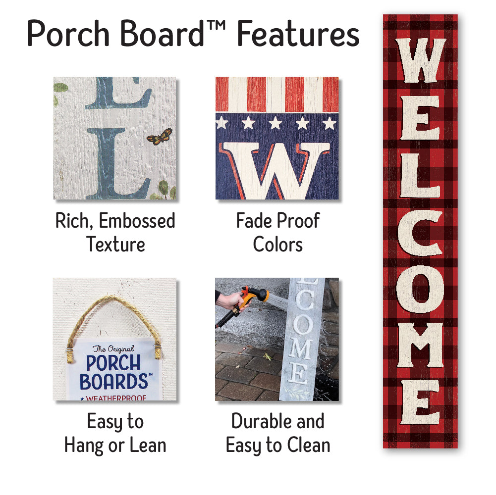 Welcome Buffalo Plaid Porch Board 8" Wide x 46.5" tall / Made in the USA! / 100% Weatherproof Material