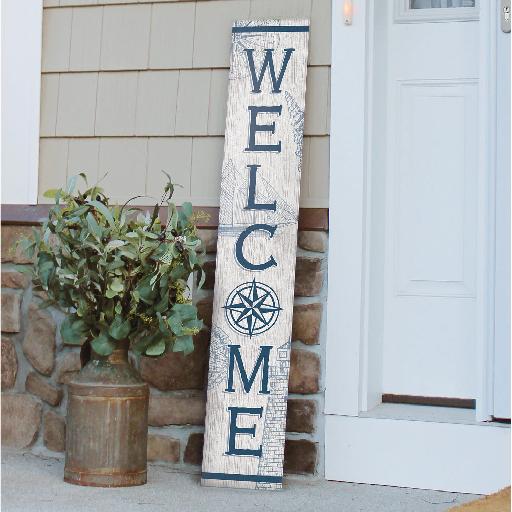 Welcome Nautical Compass Rose Porch Board 8" Wide x 46.5" tall / Made in the USA! / 100% Weatherproof Material