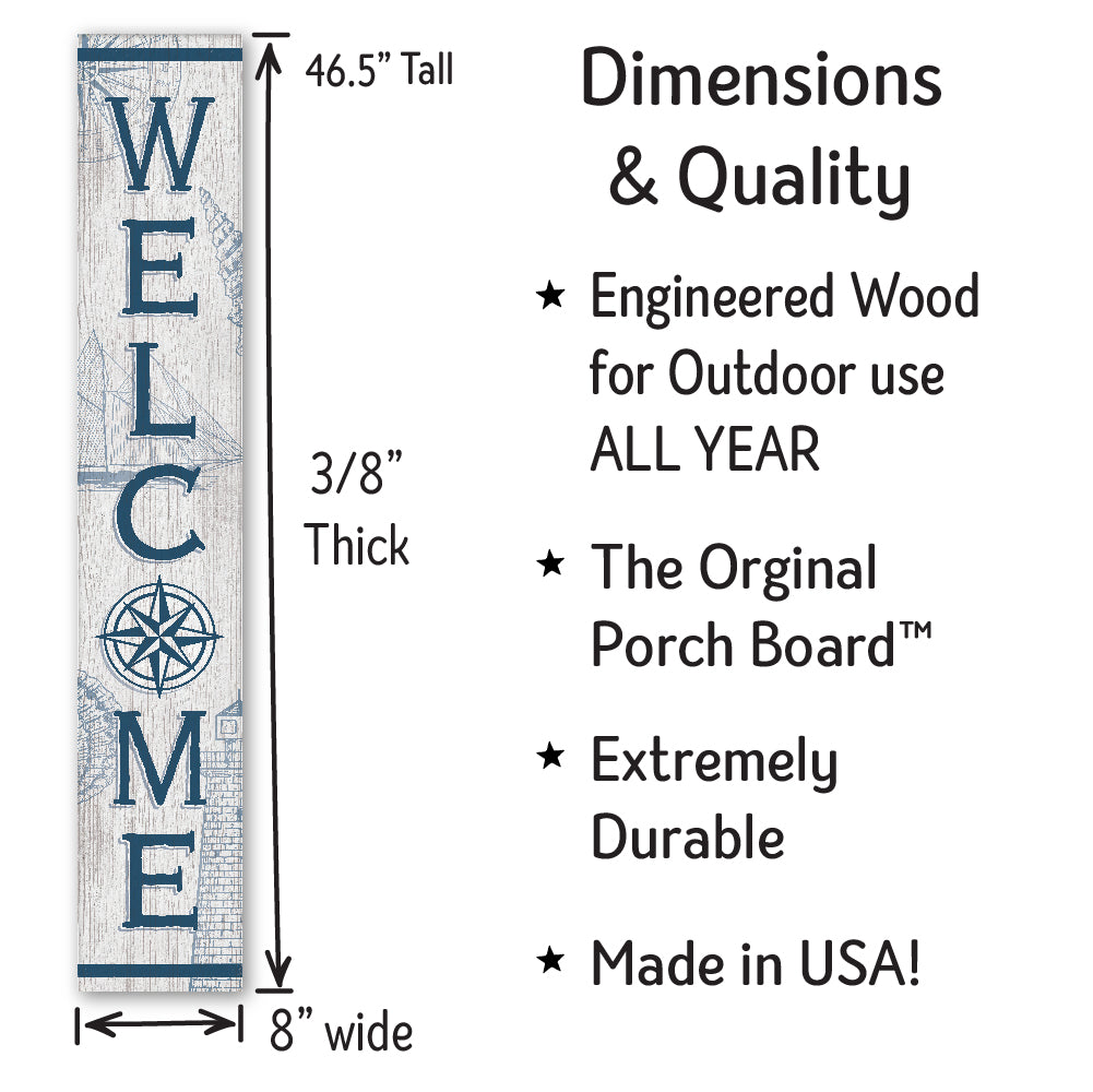 Welcome Nautical Compass Rose Porch Board 8" Wide x 46.5" tall / Made in the USA! / 100% Weatherproof Material