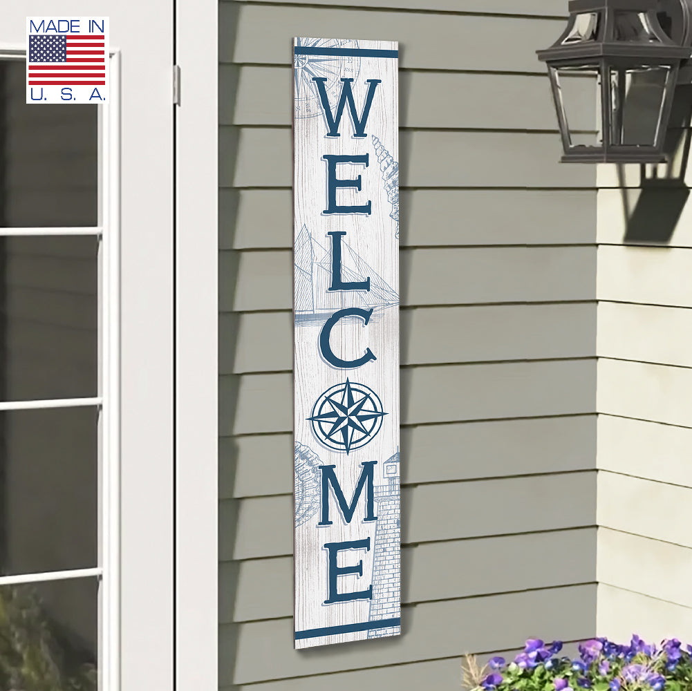 Welcome Nautical Compass Rose Porch Board 8" Wide x 46.5" tall / Made in the USA! / 100% Weatherproof Material