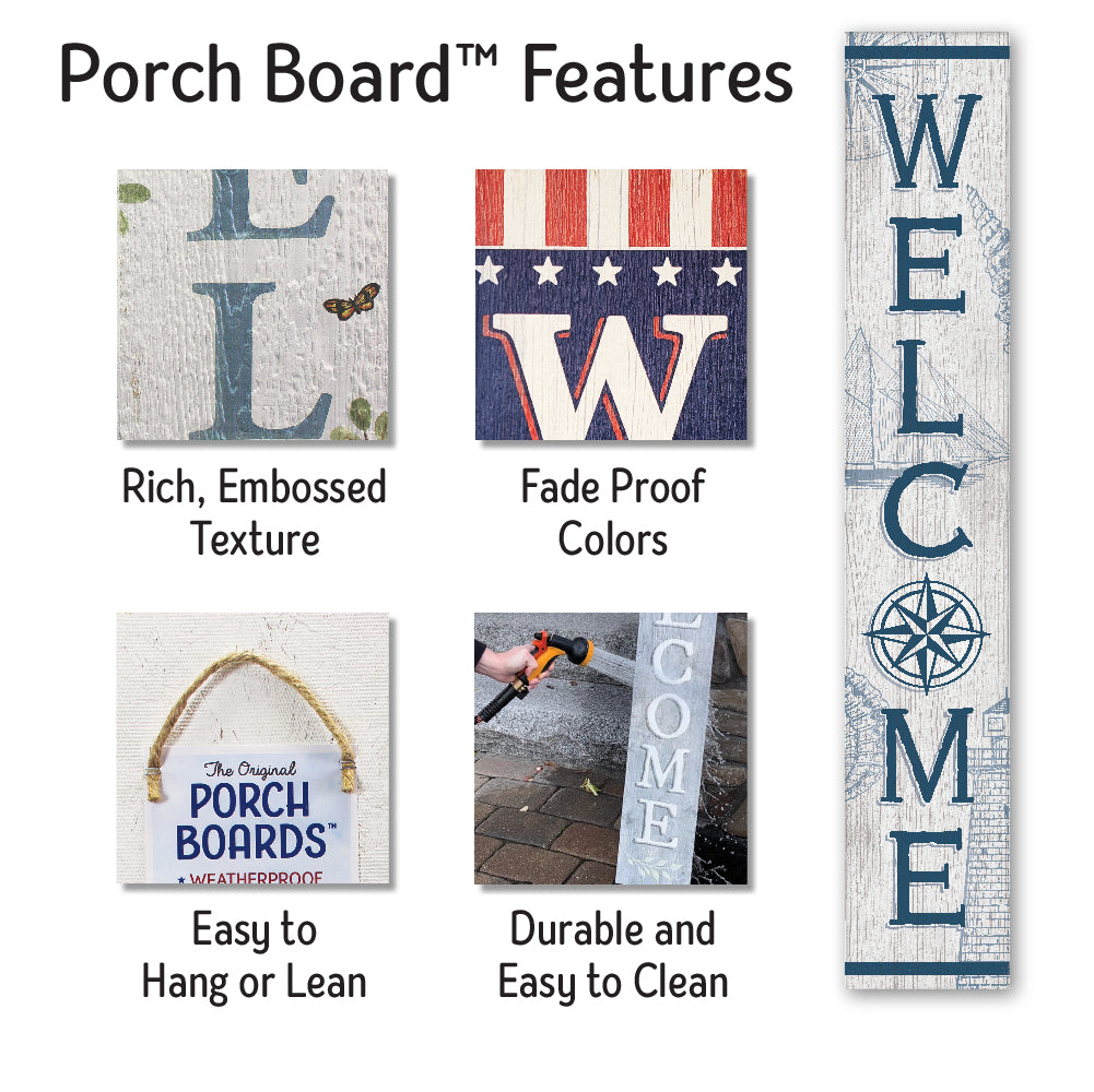 Welcome Nautical Compass Rose Porch Board 8" Wide x 46.5" tall / Made in the USA! / 100% Weatherproof Material