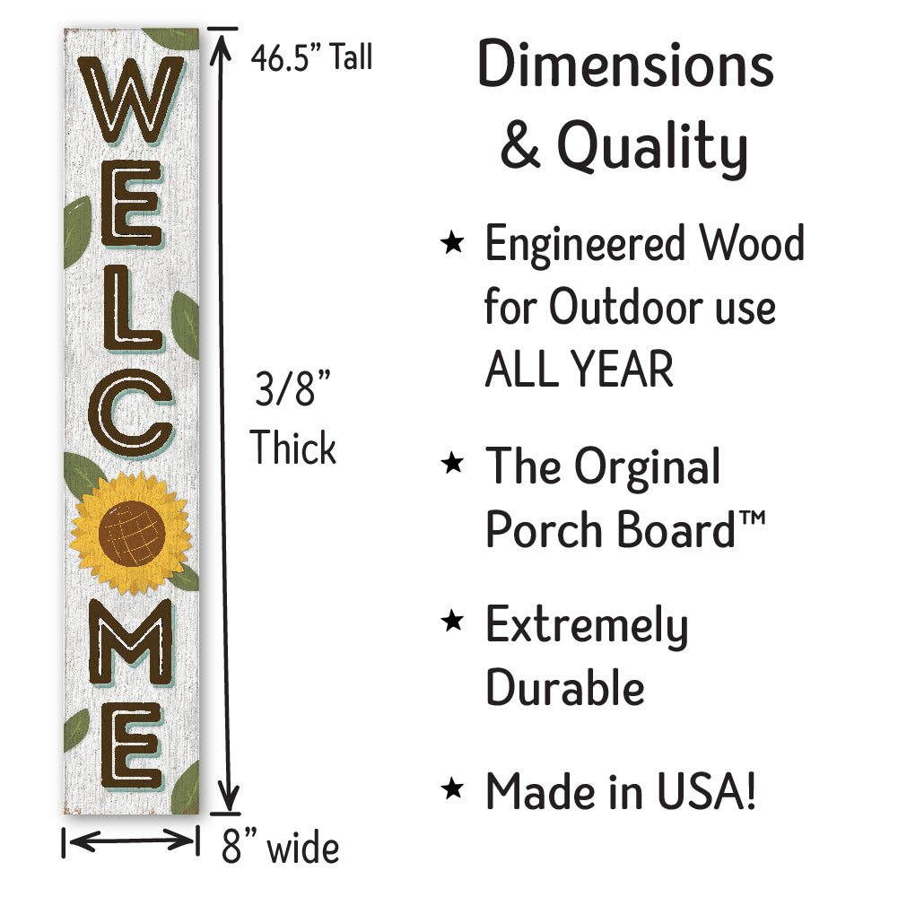 Welcome White Sunflower Porch Board 8" Wide x 46.5" tall / Made in the USA! / 100% Weatherproof Material