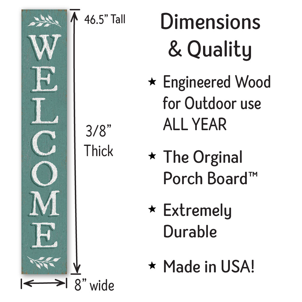 Welcome Seafoam Sprig Porch Board 8" Wide x 46.5" tall / Made in the USA! / 100% Weatherproof Material