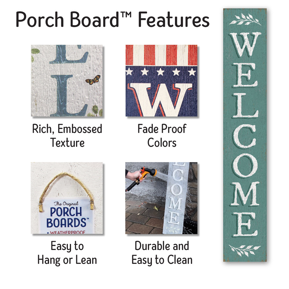 Welcome Seafoam Sprig Porch Board 8" Wide x 46.5" tall / Made in the USA! / 100% Weatherproof Material