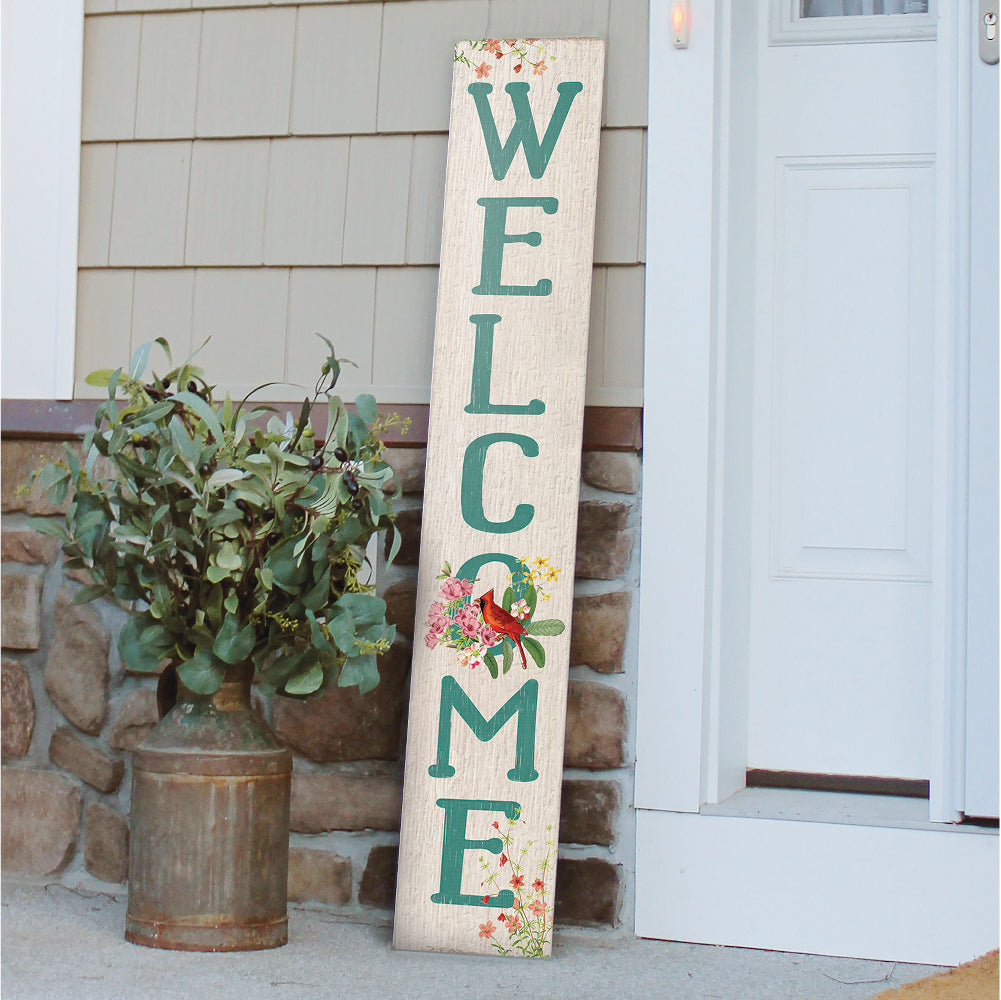 Welcome Teal Letters W/ Cardinal Porch Board 8" Wide x 46.5" tall / Made in the USA! / 100% Weatherproof Material