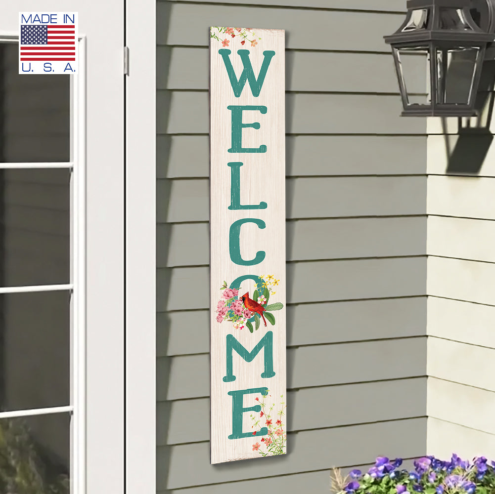 Welcome Teal Letters W/ Cardinal Porch Board 8" Wide x 46.5" tall / Made in the USA! / 100% Weatherproof Material