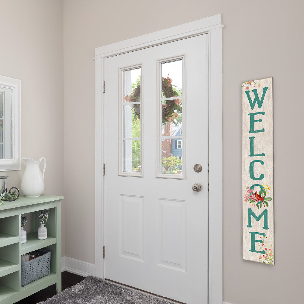 Welcome Teal Letters W/ Cardinal Porch Board 8" Wide x 46.5" tall / Made in the USA! / 100% Weatherproof Material