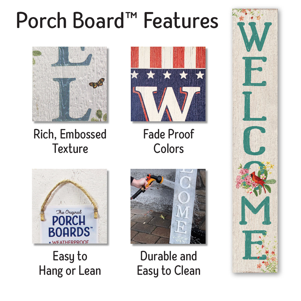 Welcome Teal Letters W/ Cardinal Porch Board 8" Wide x 46.5" tall / Made in the USA! / 100% Weatherproof Material