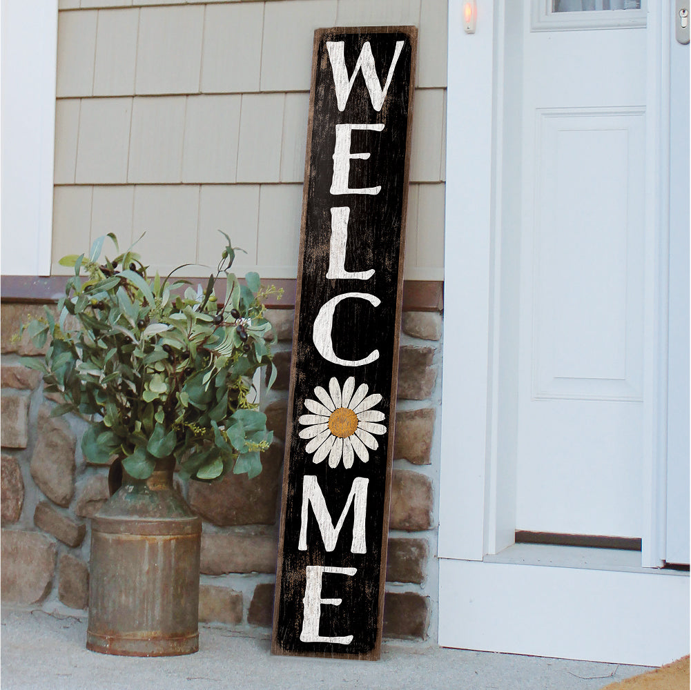 Welcome Black W/ White Daisy Porch Board 8" Wide x 46.5" tall / Made in the USA! / 100% Weatherproof Material