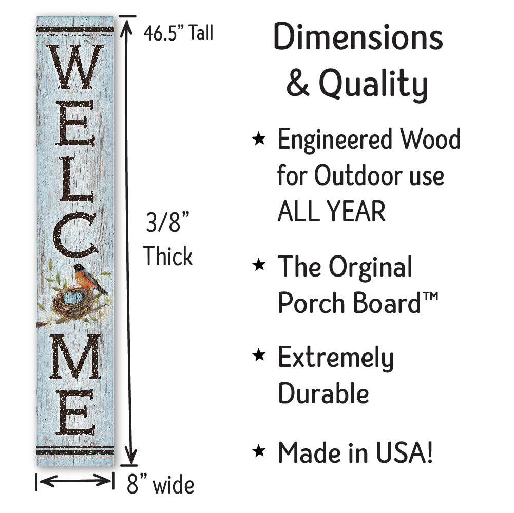 Welcome Robin & Eggs Porch Board 8" Wide x 46.5" tall / Made in the USA! / 100% Weatherproof Material