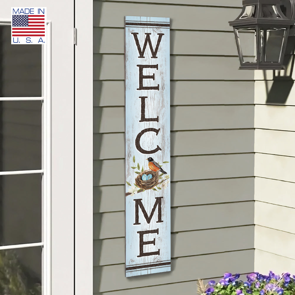 Welcome Robin & Eggs Porch Board 8" Wide x 46.5" tall / Made in the USA! / 100% Weatherproof Material