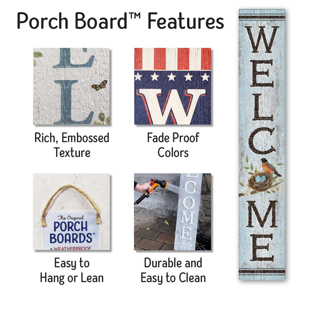 Welcome Robin & Eggs Porch Board 8" Wide x 46.5" tall / Made in the USA! / 100% Weatherproof Material