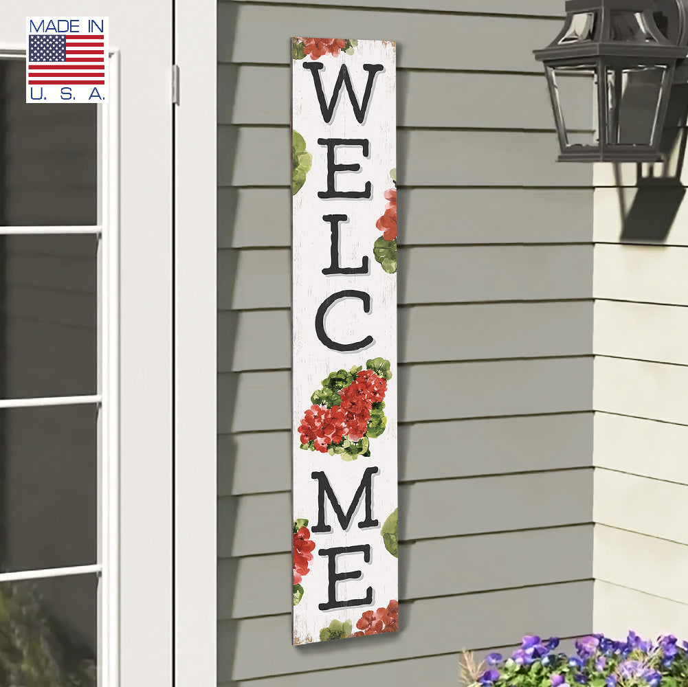 Welcome Geranium Porch Board 8" Wide x 46.5" tall / Made in the USA! / 100% Weatherproof Material