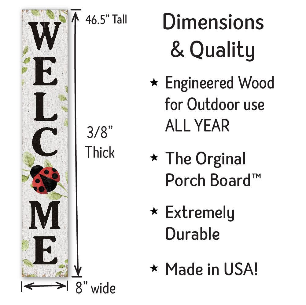 Welcome Ladybug Porch Board 8" Wide x 46.5" tall / Made in the USA! / 100% Weatherproof Material