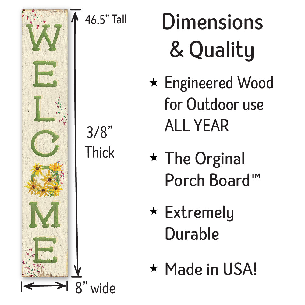 Welcome Black Eyed Susan Porch Board 8" Wide x 46.5" tall / Made in the USA! / 100% Weatherproof Material