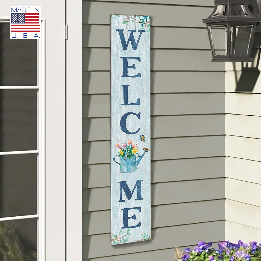 Welcome Blue W/ Water Can Porch Board 8" Wide x 46.5" tall / Made in the USA! / 100% Weatherproof Material