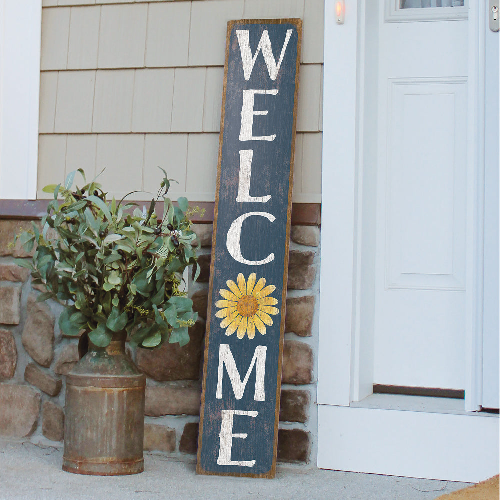 Welcome Blue W/ Yellow Daisy Porch Board 8" Wide x 46.5" tall / Made in the USA! / 100% Weatherproof Material