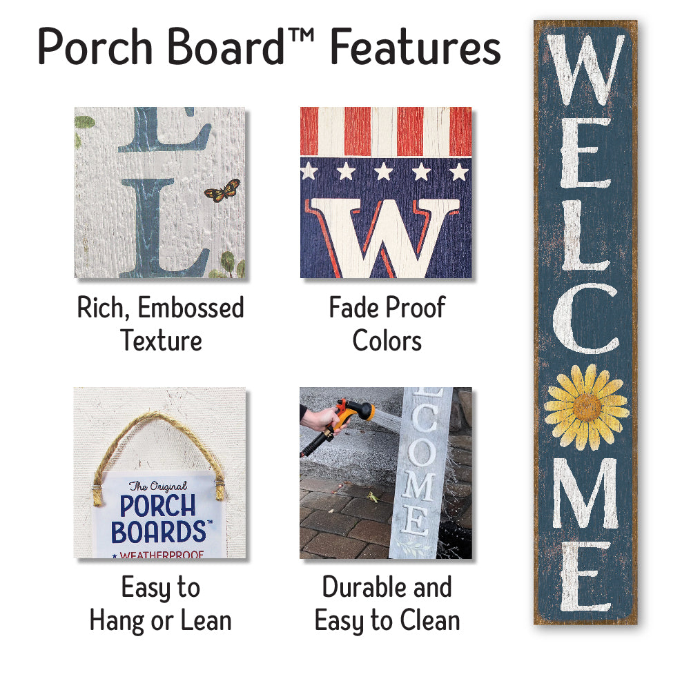 Welcome Blue W/ Yellow Daisy Porch Board 8" Wide x 46.5" tall / Made in the USA! / 100% Weatherproof Material