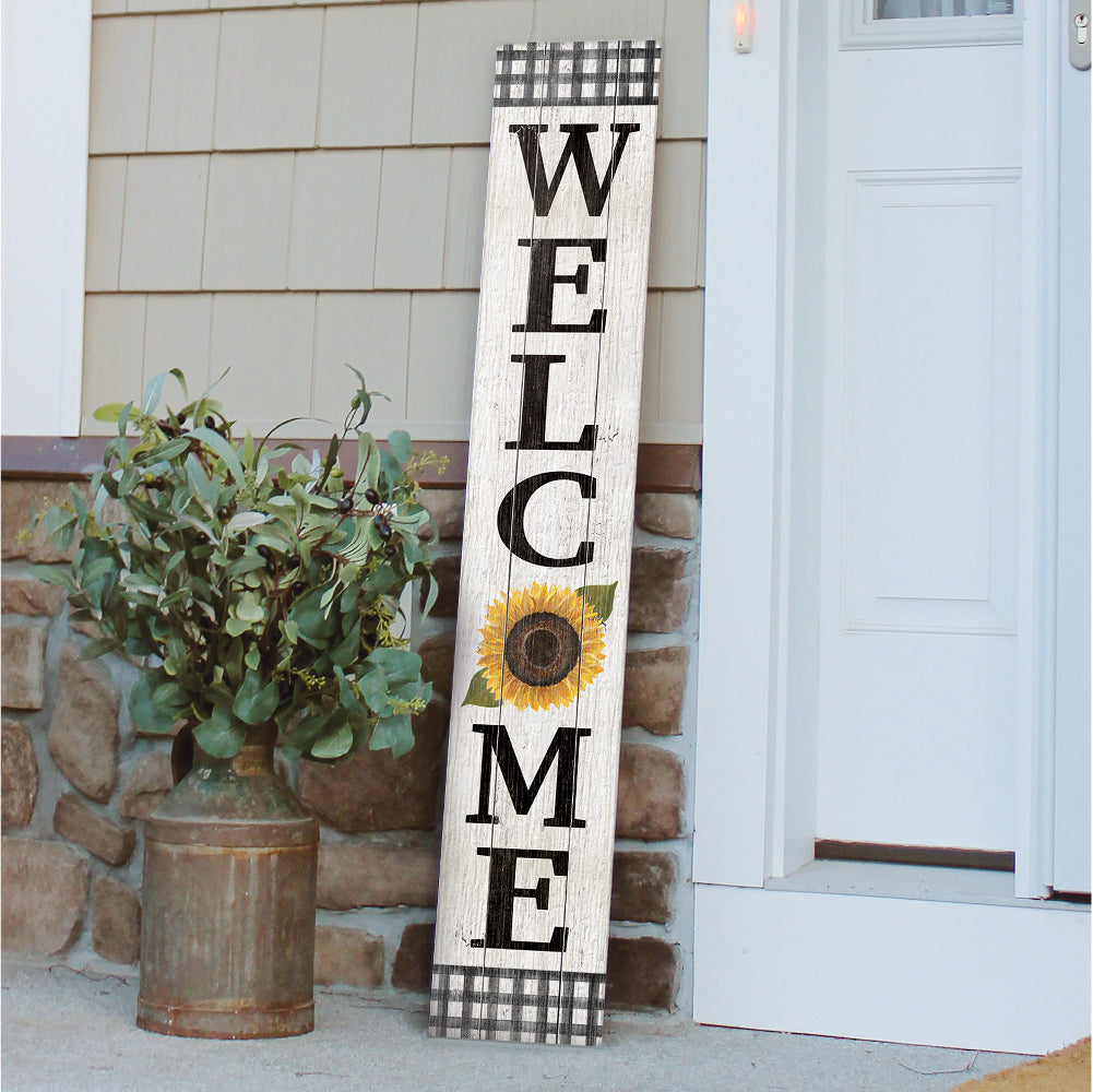 Welcome B & W Check W/ Sunflower Porch Board 8" Wide x 46.5" tall / Made in the USA! / 100% Weatherproof Material