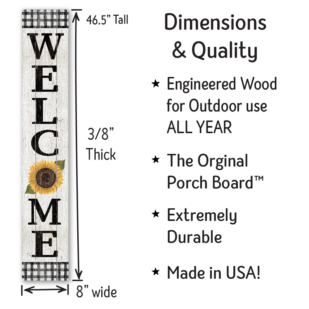 Welcome B & W Check W/ Sunflower Porch Board 8" Wide x 46.5" tall / Made in the USA! / 100% Weatherproof Material