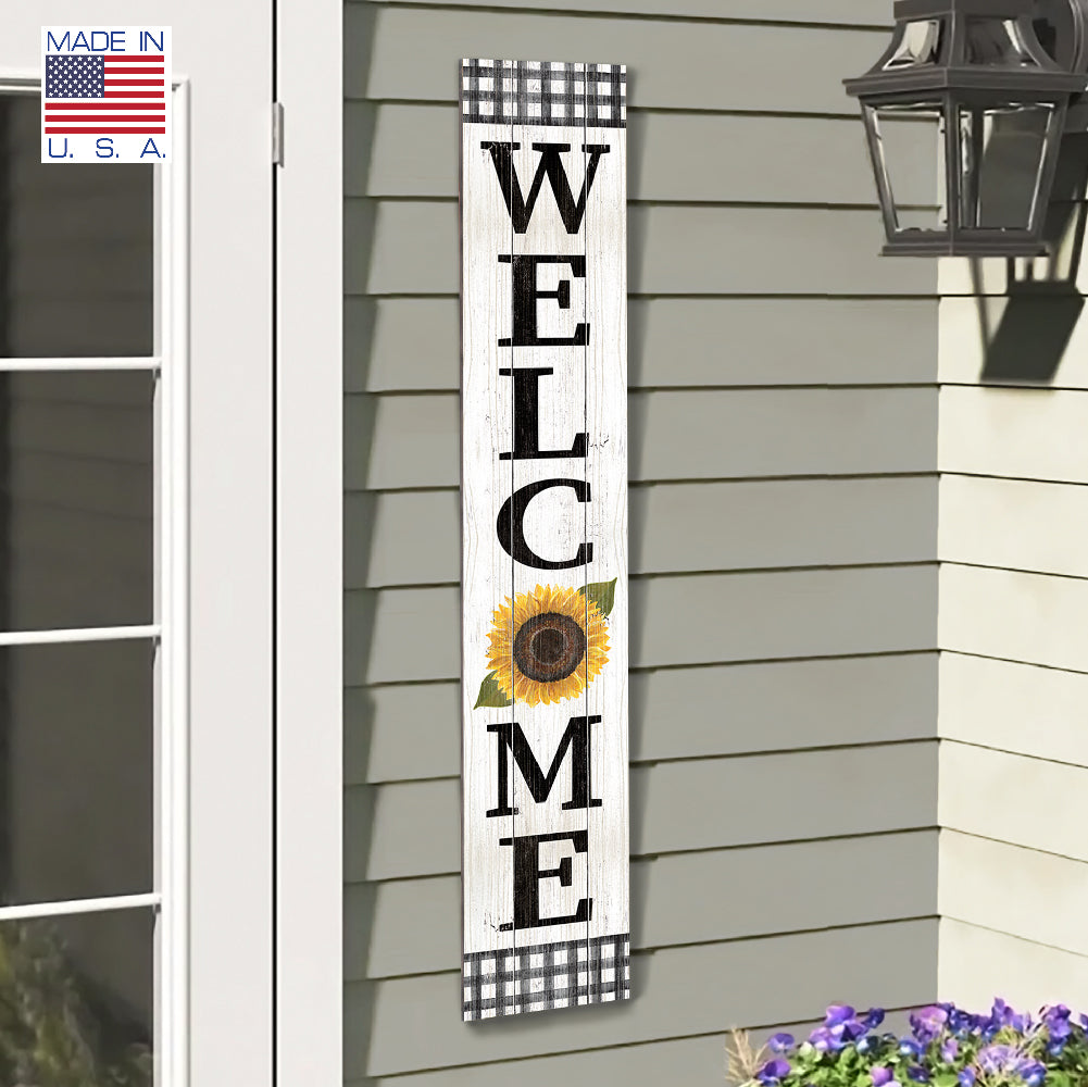 Welcome B & W Check W/ Sunflower Porch Board 8" Wide x 46.5" tall / Made in the USA! / 100% Weatherproof Material