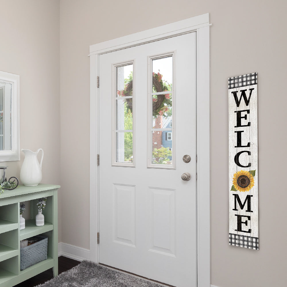 Welcome B & W Check W/ Sunflower Porch Board 8" Wide x 46.5" tall / Made in the USA! / 100% Weatherproof Material