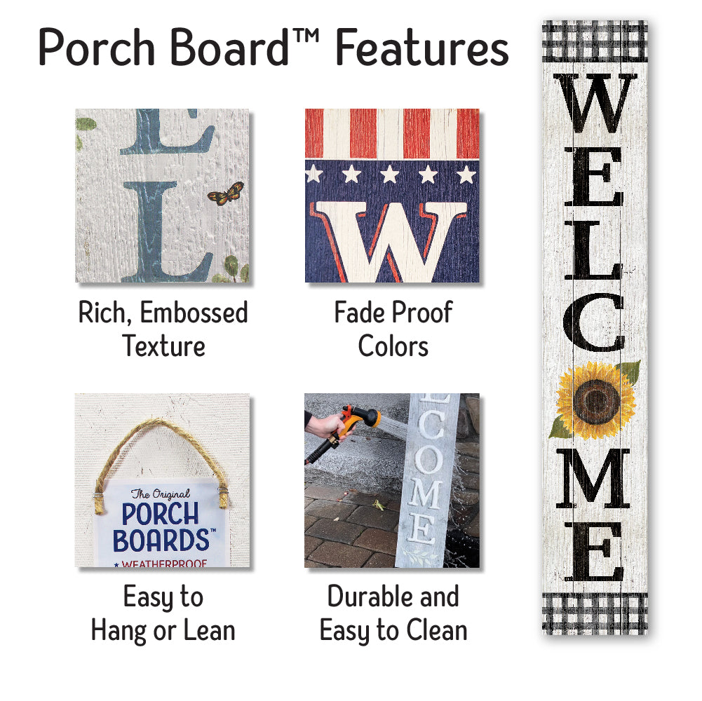 Welcome B & W Check W/ Sunflower Porch Board 8" Wide x 46.5" tall / Made in the USA! / 100% Weatherproof Material