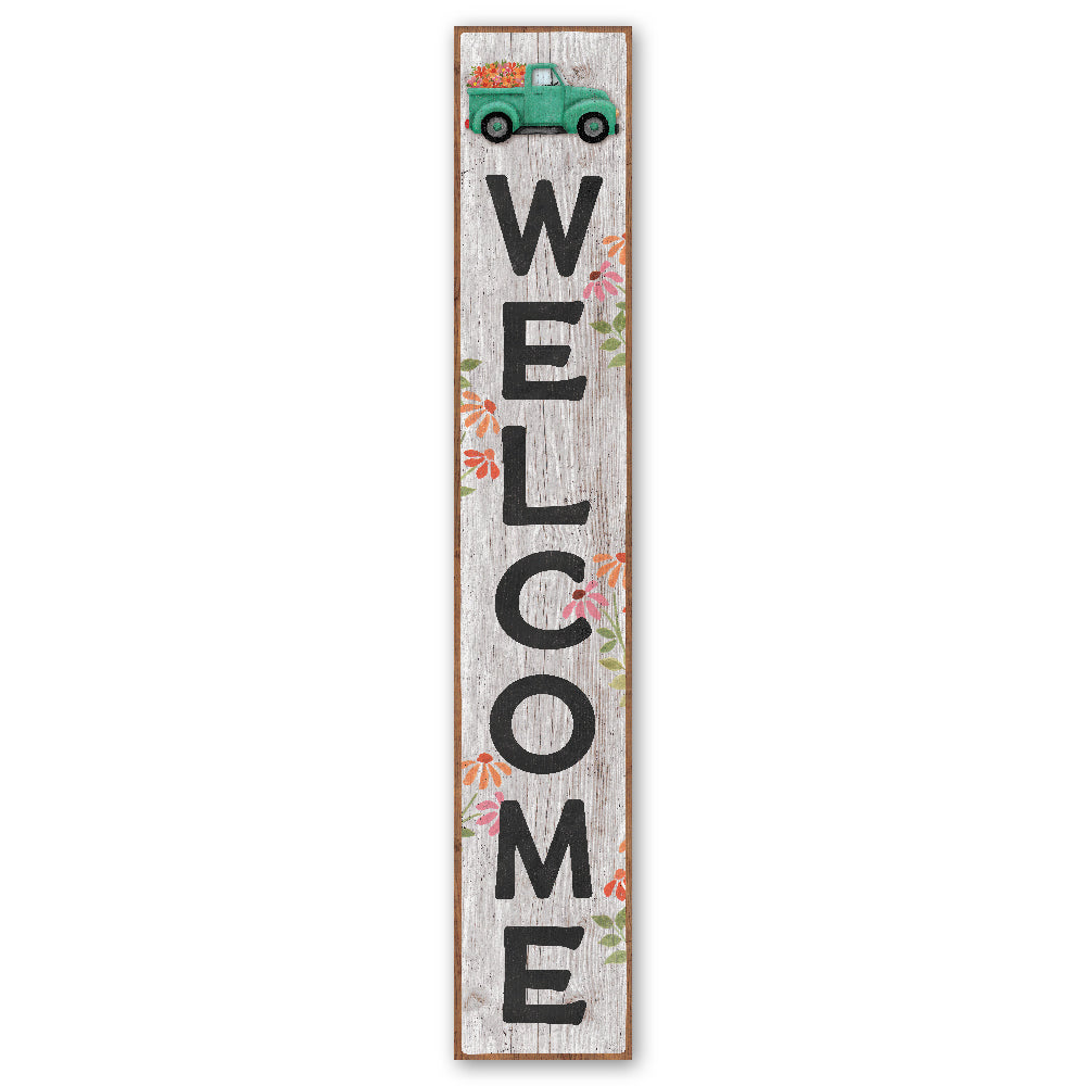 Welcome Teal Truck W/ Flowers Porch Board 8" Wide x 46.5" tall / Made in the USA! / 100% Weatherproof Material