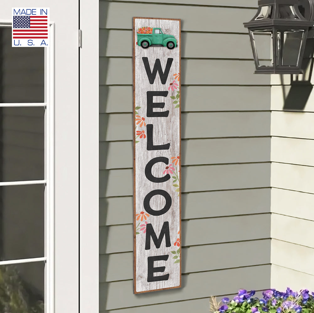 Welcome Teal Truck W/ Flowers Porch Board 8" Wide x 46.5" tall / Made in the USA! / 100% Weatherproof Material