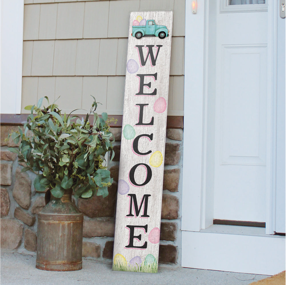 Welcome With Truck And Easter Eggs Porch Board 8" Wide x 46.5" tall / Made in the USA! / 100% Weatherproof Material
