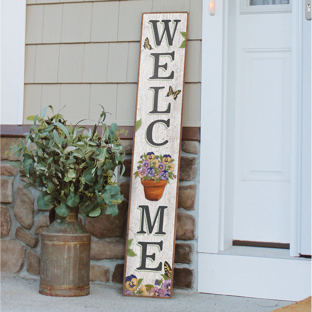 Welcome Pansy Porch Board 8" Wide x 46.5" tall / Made in the USA! / 100% Weatherproof Material