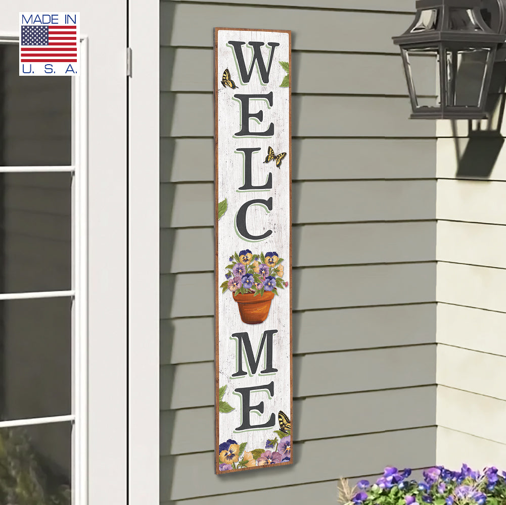 Welcome Pansy Porch Board 8" Wide x 46.5" tall / Made in the USA! / 100% Weatherproof Material