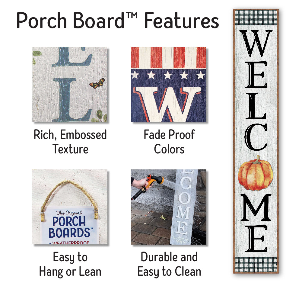 Welcome B & W Pumpkin Porch Board 8" Wide x 46.5" tall / Made in the USA! / 100% Weatherproof Material