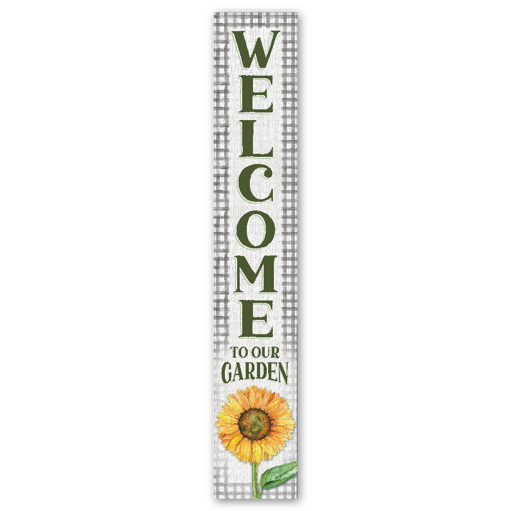 Welcome To Our Gardengreen Plaid W/ Sunflower Porch Board 8" Wide x 46.5" tall / Made in the USA! / 100% Weatherproof Material