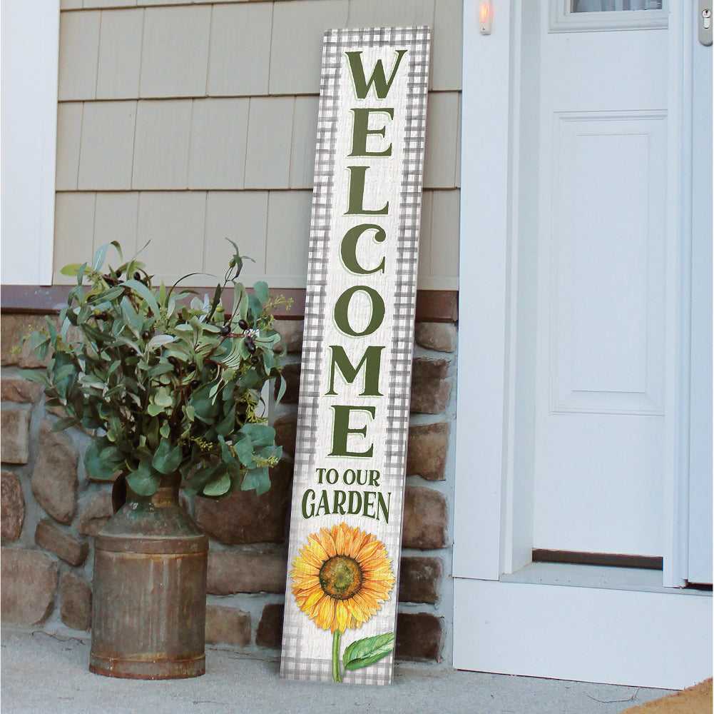 Welcome To Our Gardengreen Plaid W/ Sunflower Porch Board 8" Wide x 46.5" tall / Made in the USA! / 100% Weatherproof Material