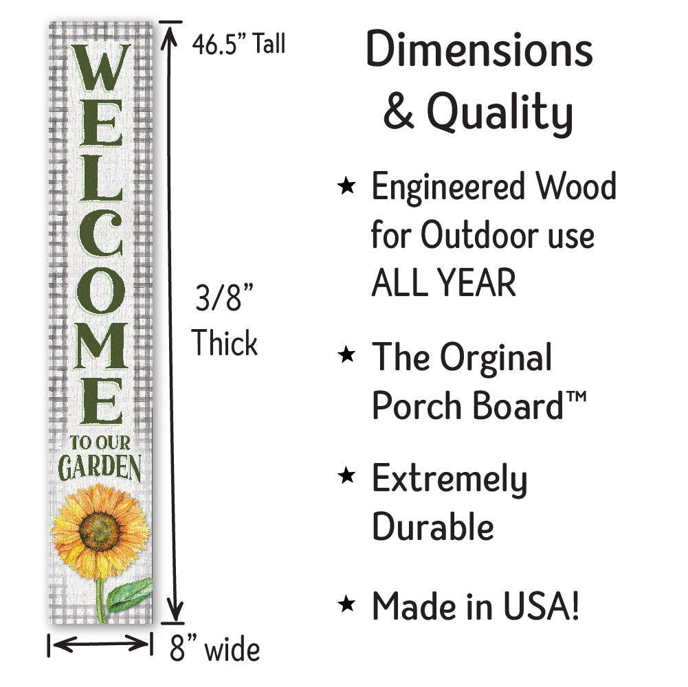 Welcome To Our Gardengreen Plaid W/ Sunflower Porch Board 8" Wide x 46.5" tall / Made in the USA! / 100% Weatherproof Material