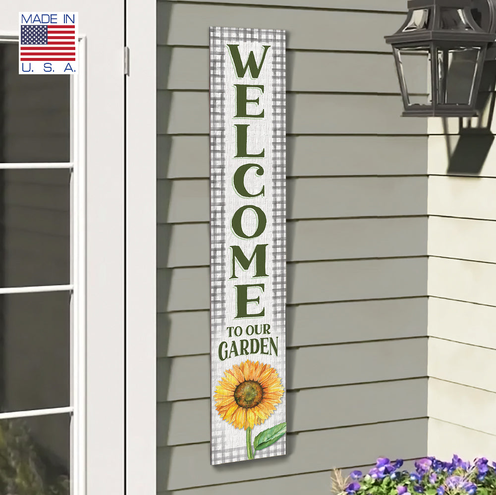 Welcome To Our Gardengreen Plaid W/ Sunflower Porch Board 8" Wide x 46.5" tall / Made in the USA! / 100% Weatherproof Material